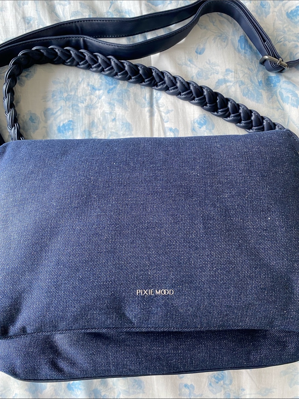 Pixie Mood Navy Denim-style Braided-Strap Messenger Bag